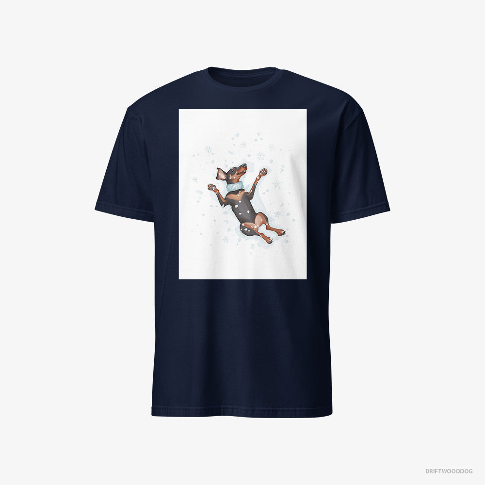 Dobermann T-Shirt – Men Navy T-Shirt Classic – Making a Snow Angel (on White Background)