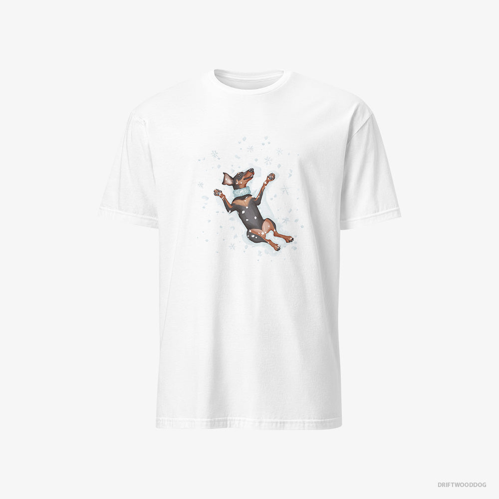 Dobermann T-Shirt – Men White T-Shirt Classic – Making a Snow Angel (on White Background)