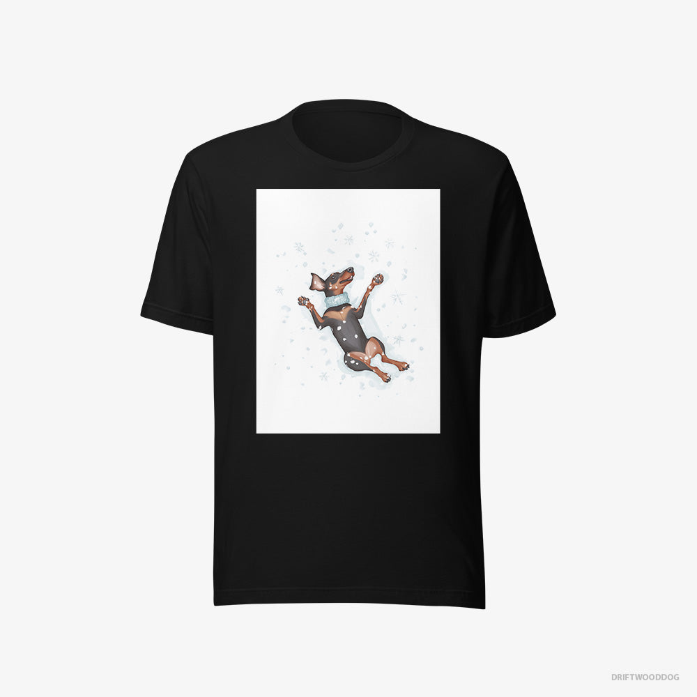 Dobermann T-Shirt – Men Black T-Shirt Eco-Friendly – Making a Snow Angel (on White Background)