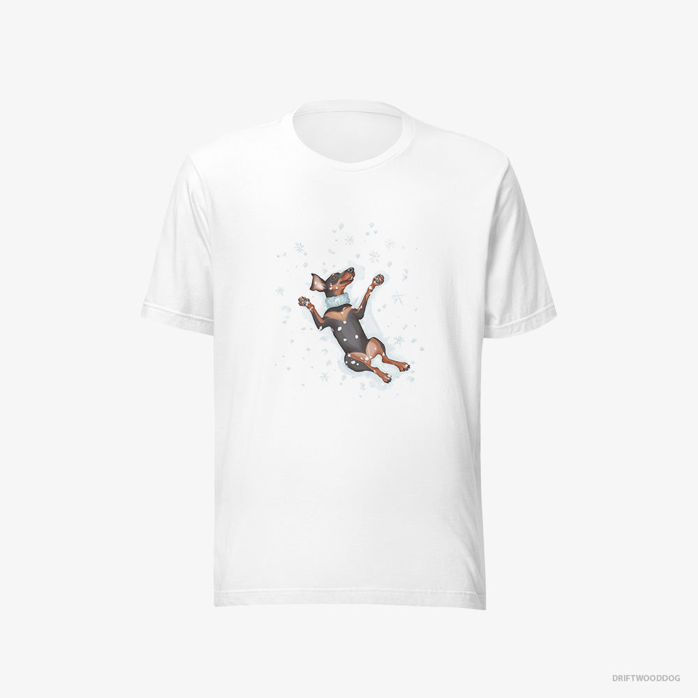 Dobermann T-Shirt – Men White T-Shirt Eco-Friendly – Making a Snow Angel (on White Background)