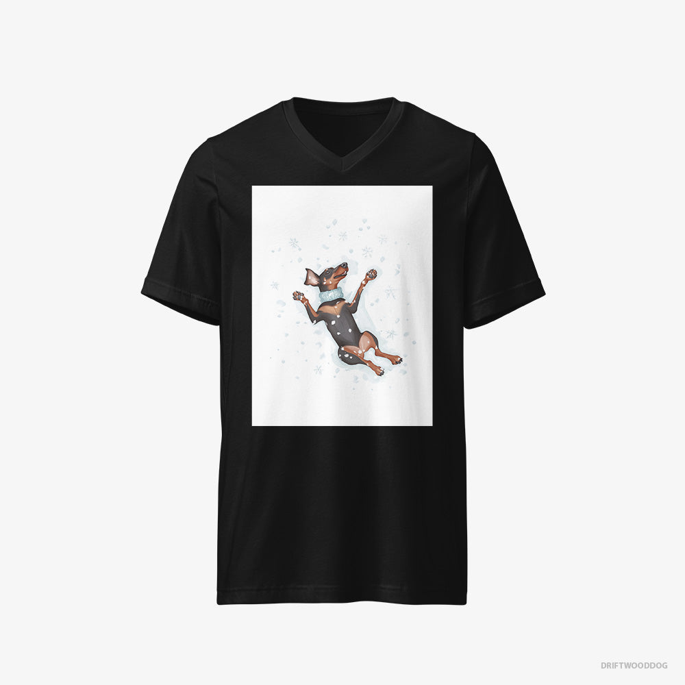 Dobermann T-Shirt – Men Black T-Shirt V-Neck – Making a Snow Angel (on White Background)