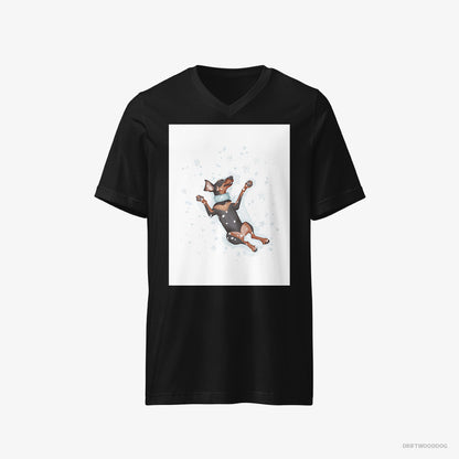 Dobermann T-Shirt – Men Black T-Shirt V-Neck – Making a Snow Angel (on White Background)