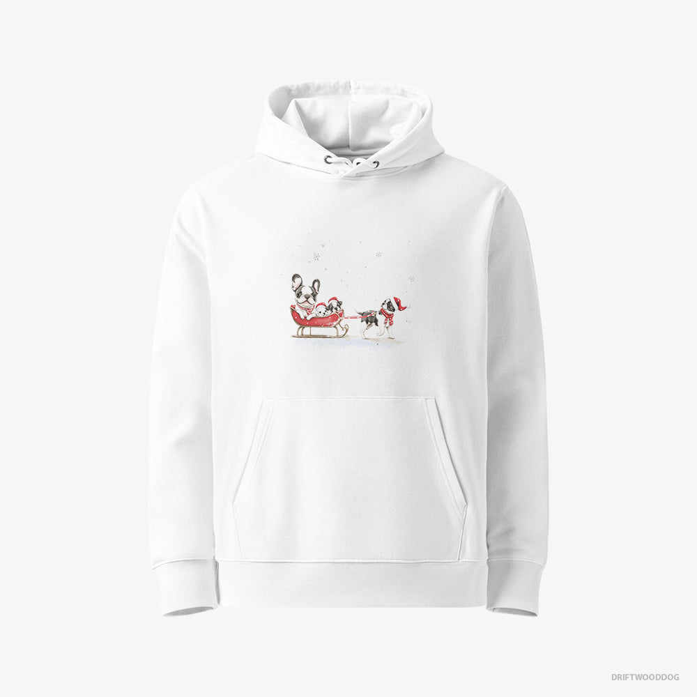 French Bulldog Hoodie – Women White Hoodie Eco-Friendly – Going Sledding with Puppies (on White Background)