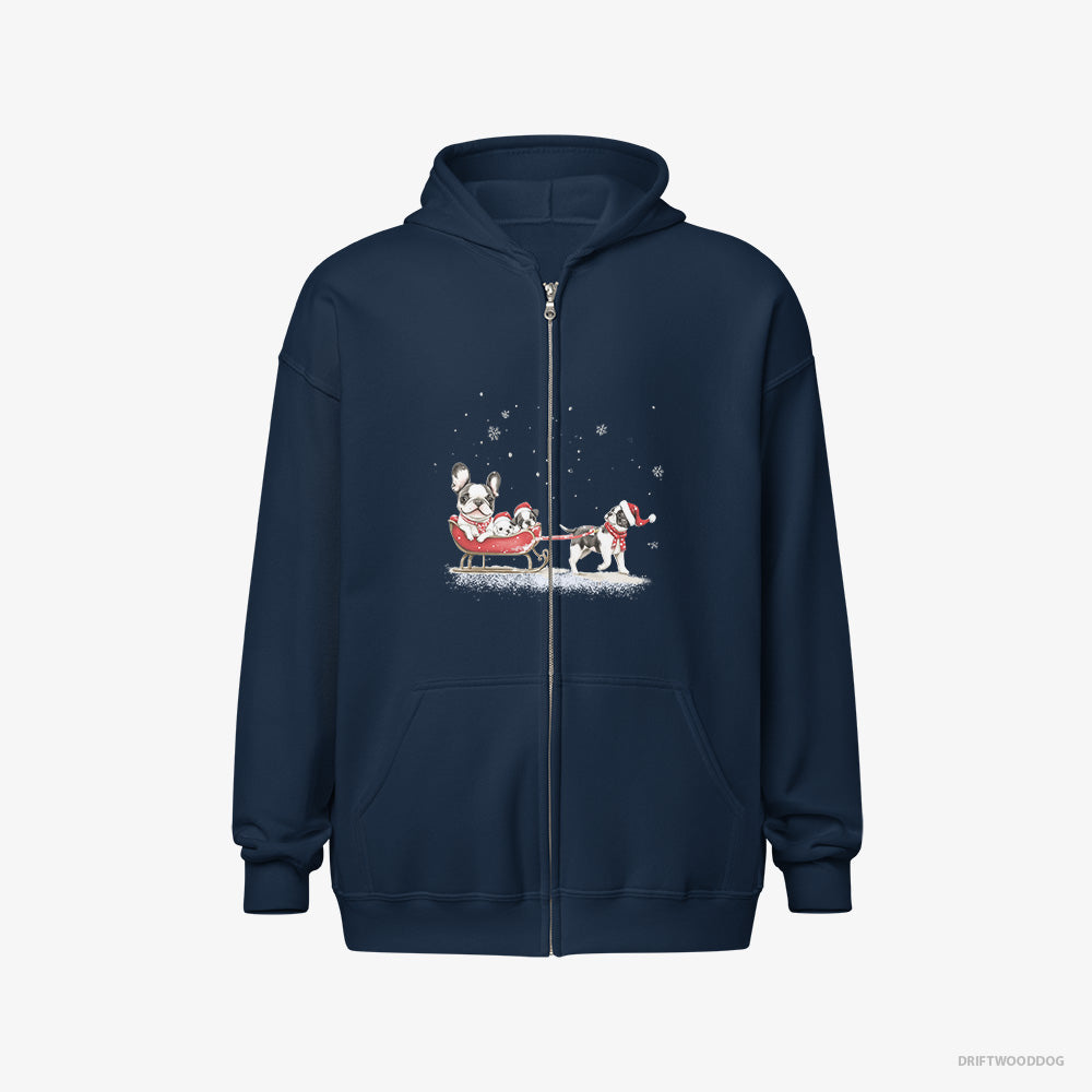 French Bulldog Hoodie – Men Navy Hoodie Full-Zip – Going Sledding with Puppies (on White Background)