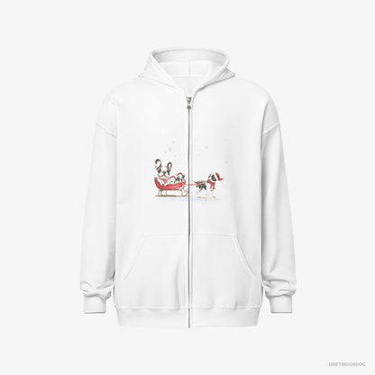 French Bulldog Hoodie – Men White Hoodie Full-Zip – Going Sledding with Puppies (on White Background)