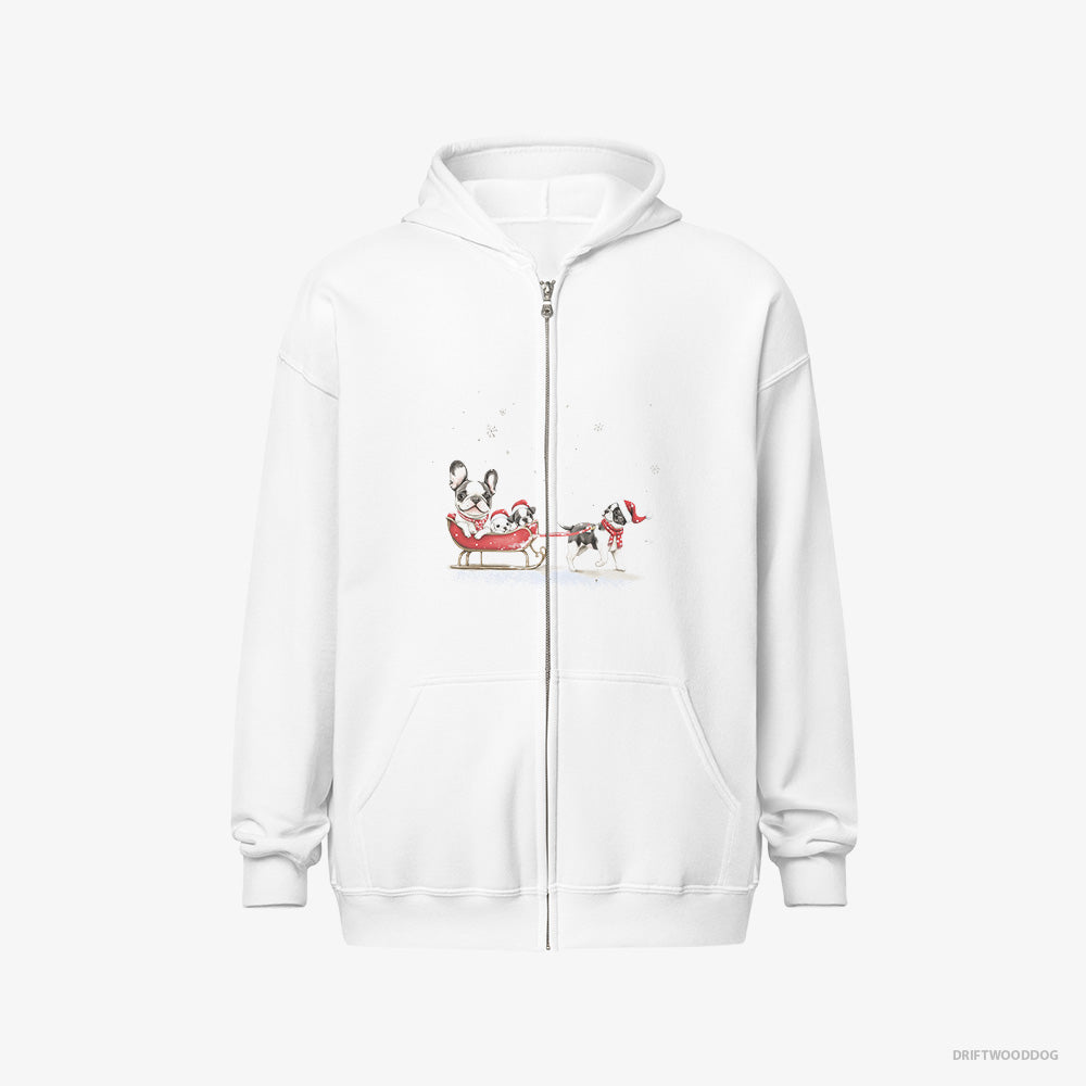 Funny French Bulldog Going Sledding with Puppies – Men's Hoodie White Full-Zip – Full-Zip