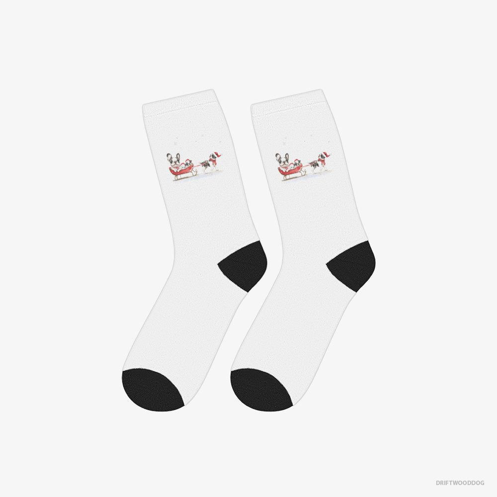 French Bulldog Socks – Unisex White Socks Classic – Going Sledding with Puppies (on White Background)