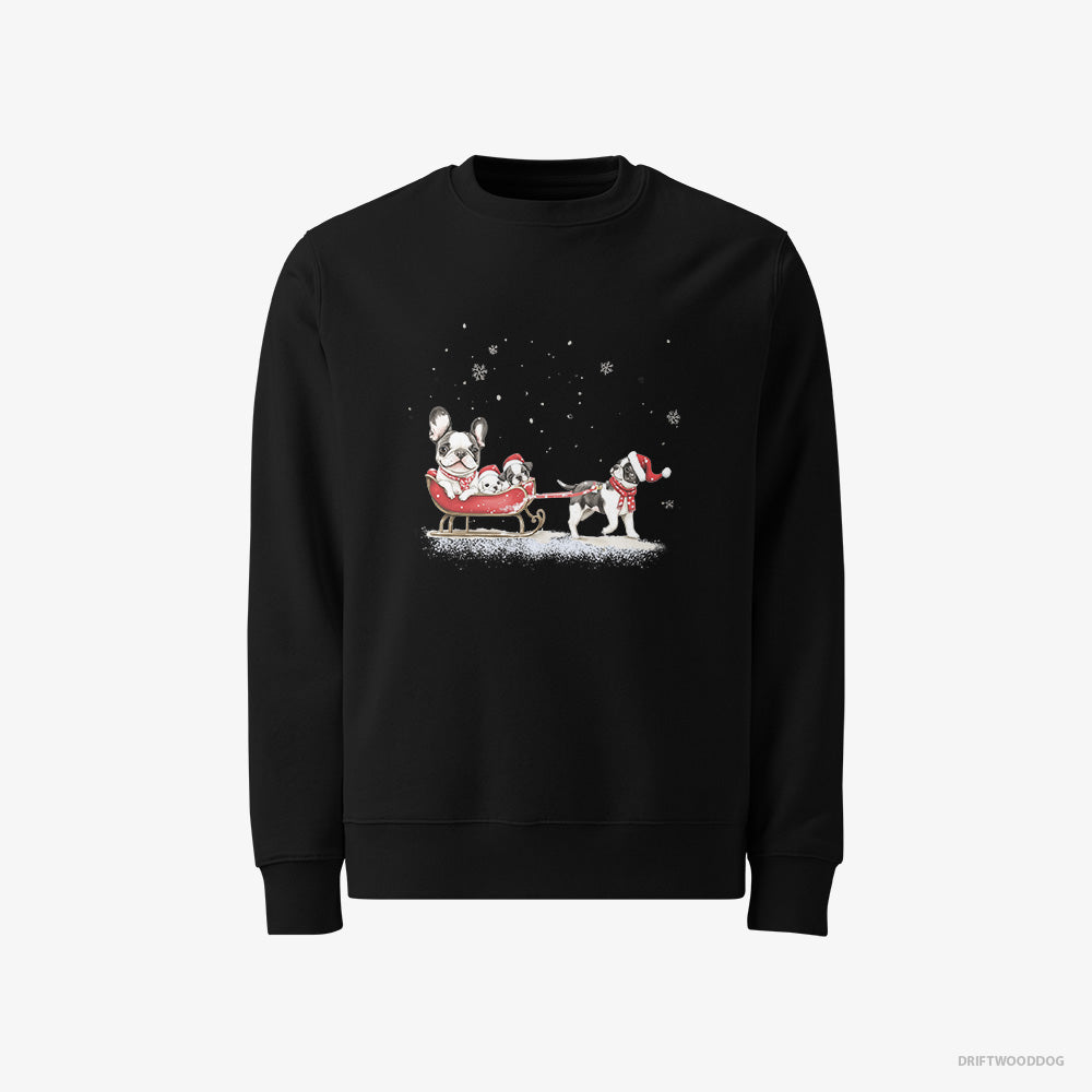 French Bulldog Sweatshirt – Men Black Sweatshirt Classic – Going Sledding with Puppies (on White Background)