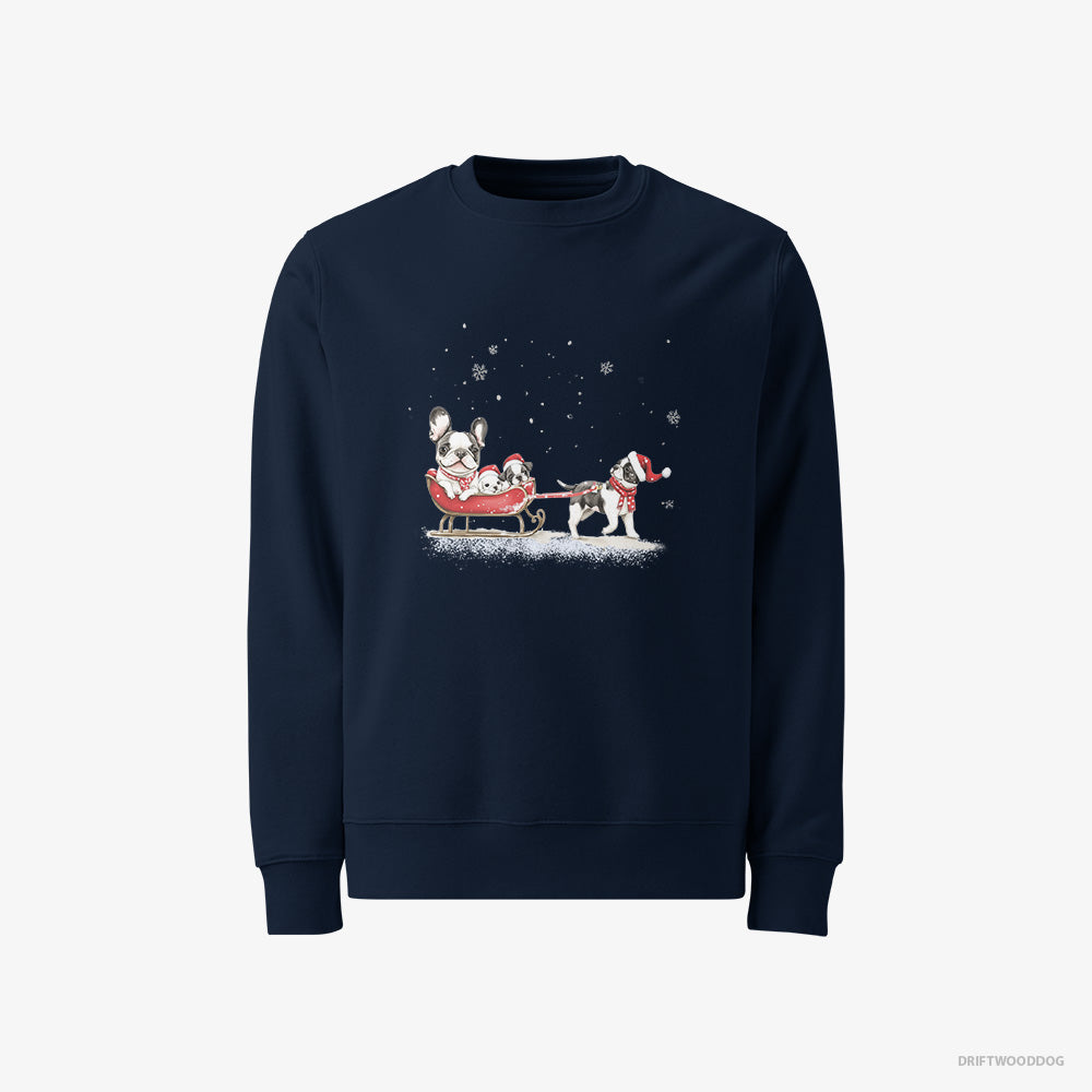 French Bulldog Sweatshirt – Men Navy Sweatshirt Classic – Going Sledding with Puppies (on White Background)