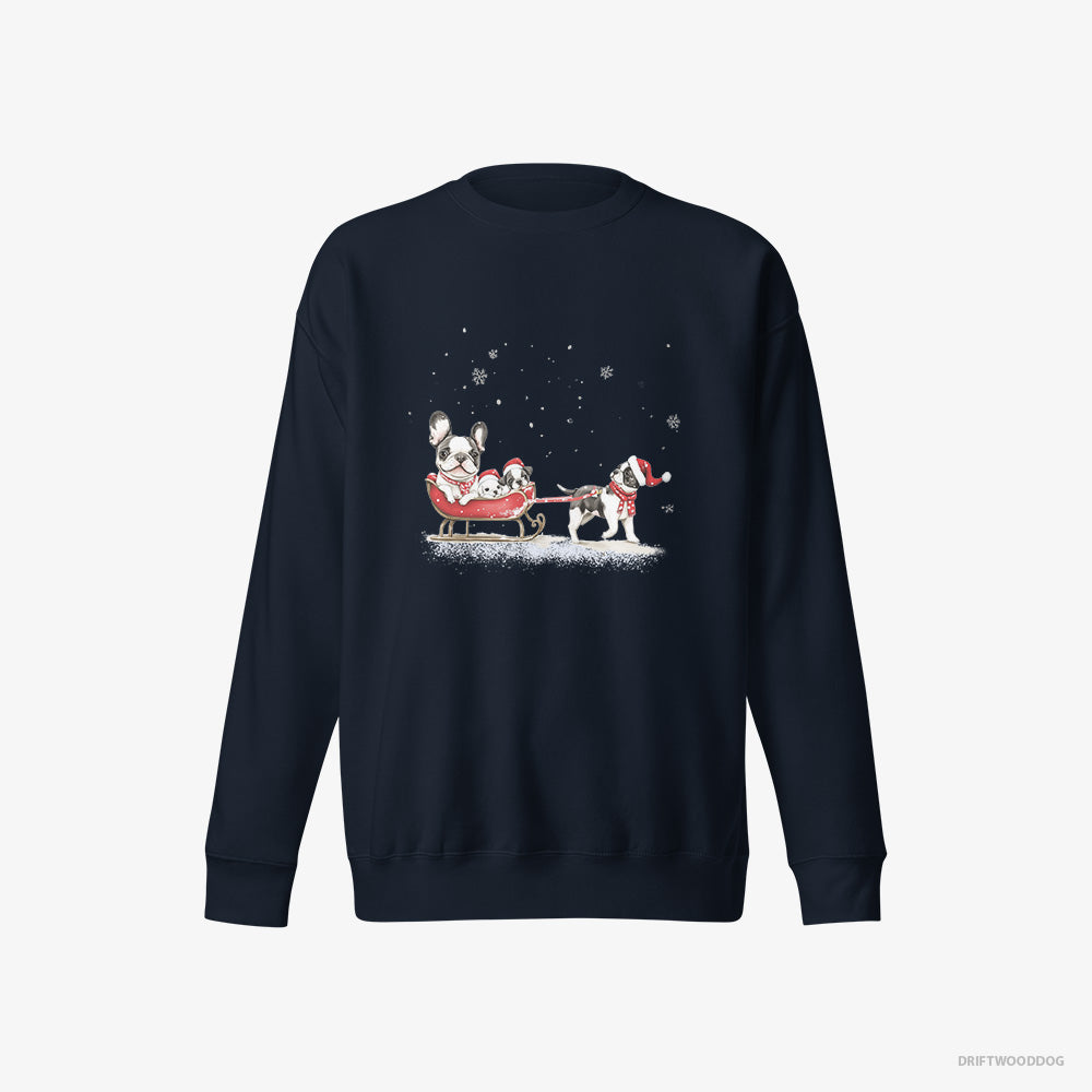 French Bulldog Sweatshirt – Men Navy Sweatshirt Eco-Friendly – Going Sledding with Puppies (on White Background)