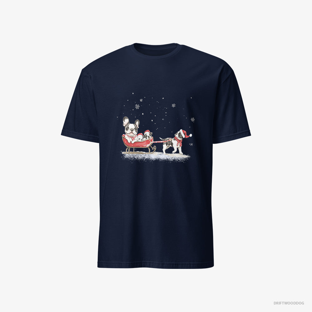 French Bulldog T-Shirt – Men Navy T-Shirt Classic – Going Sledding with Puppies (on White Background)