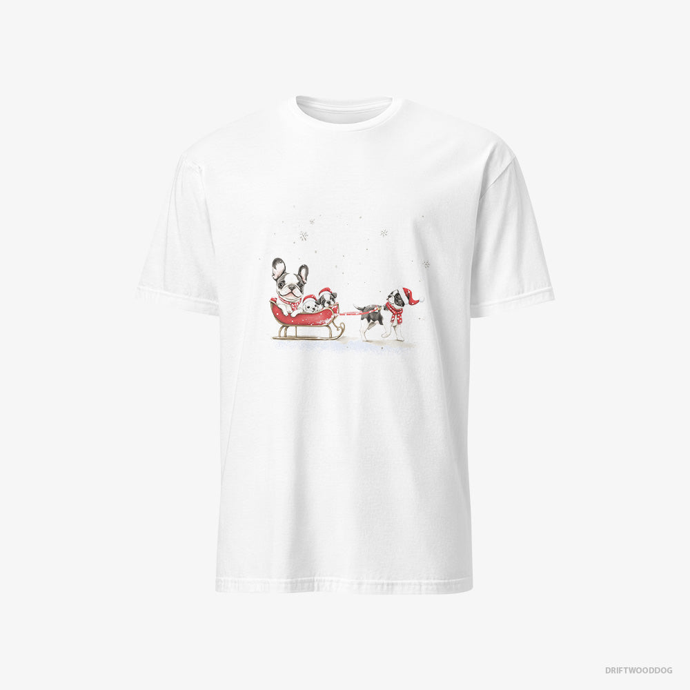 French Bulldog T-Shirt – Men White T-Shirt Classic – Going Sledding with Puppies (on White Background)