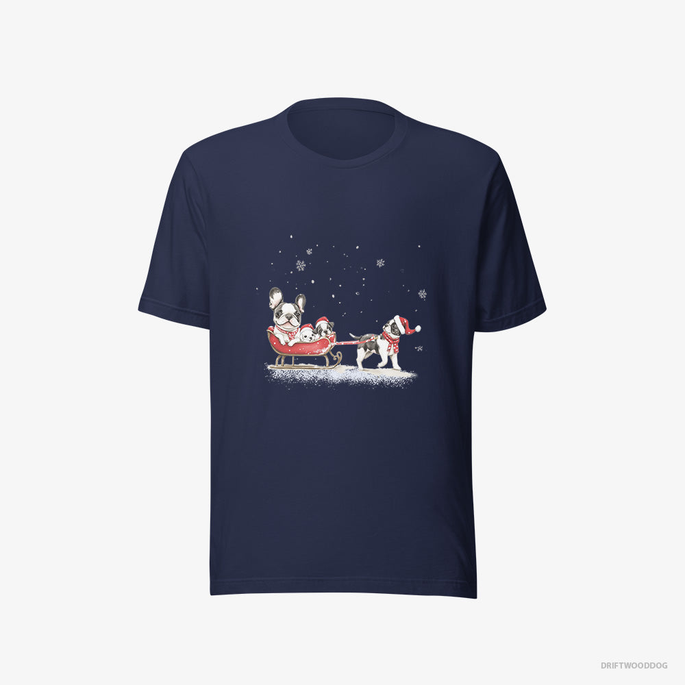 French Bulldog T-Shirt – Men Navy T-Shirt Eco-Friendly – Going Sledding with Puppies (on White Background)