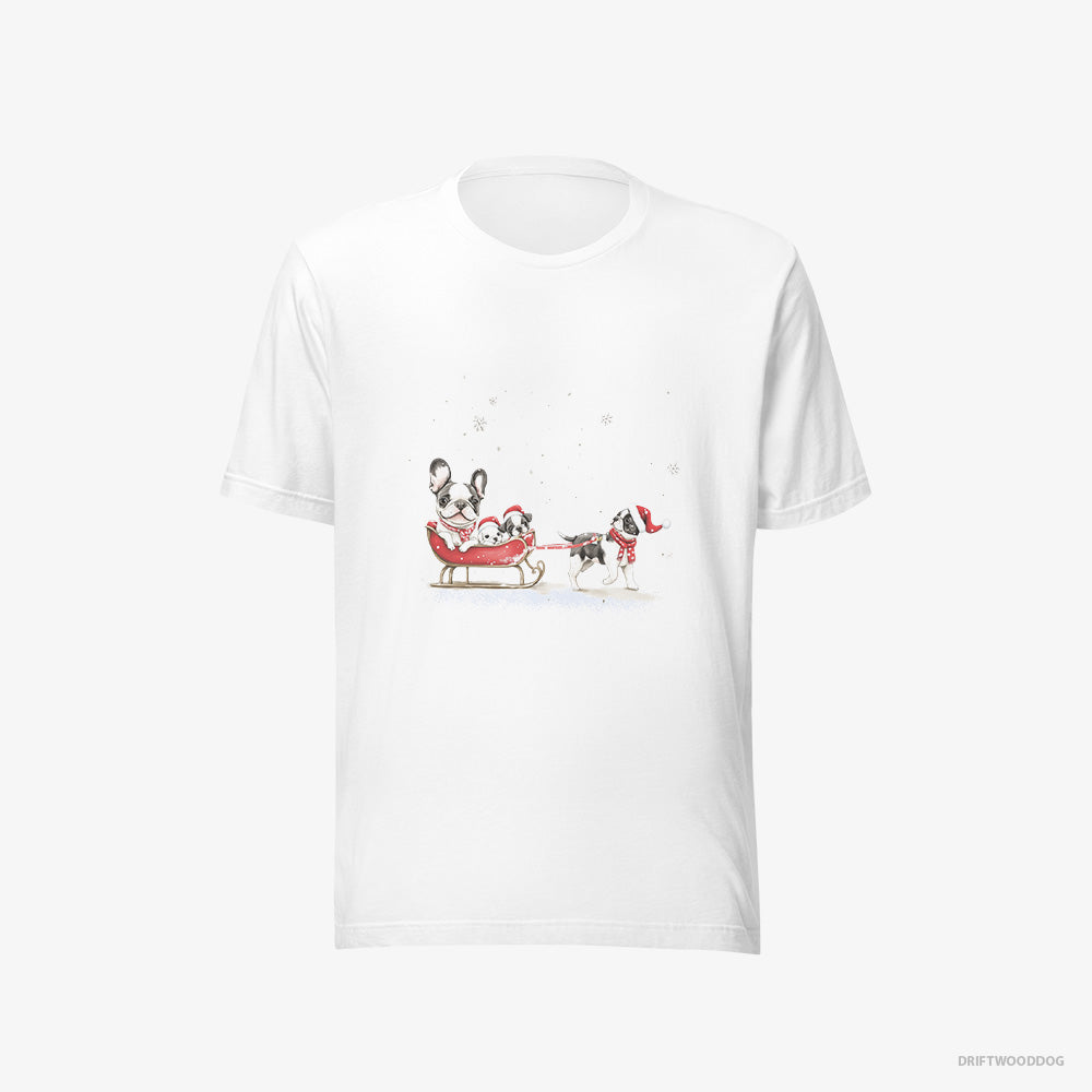 French Bulldog T-Shirt – Men White T-Shirt Eco-Friendly – Going Sledding with Puppies (on White Background)