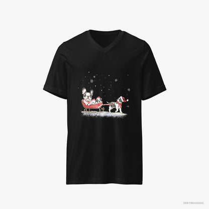 French Bulldog T-Shirt – Men Black T-Shirt V-Neck – Going Sledding with Puppies (on White Background)