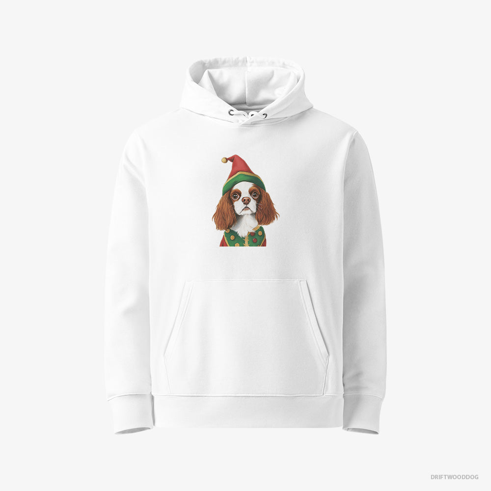 Cavalier King Charles Spaniel Hoodie – Women White Hoodie Eco-Friendly – as a Jolly Elf (on White Background)