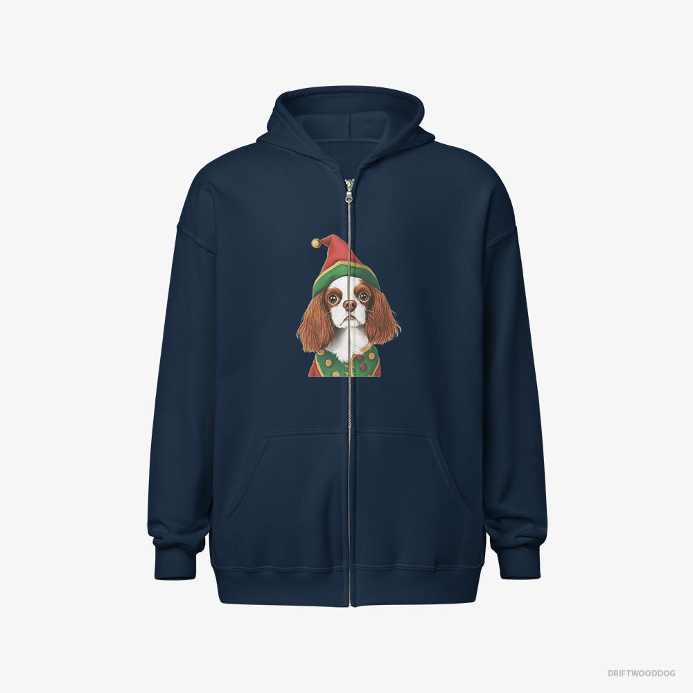 Cavalier King Charles Spaniel Hoodie – Men Navy Hoodie Full-Zip – as a Jolly Elf (on White Background)