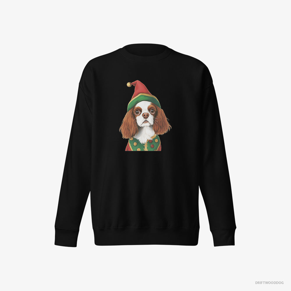 Cavalier King Charles Spaniel Sweatshirt – Men Black Sweatshirt Eco-Friendly – as a Jolly Elf (on White Background)