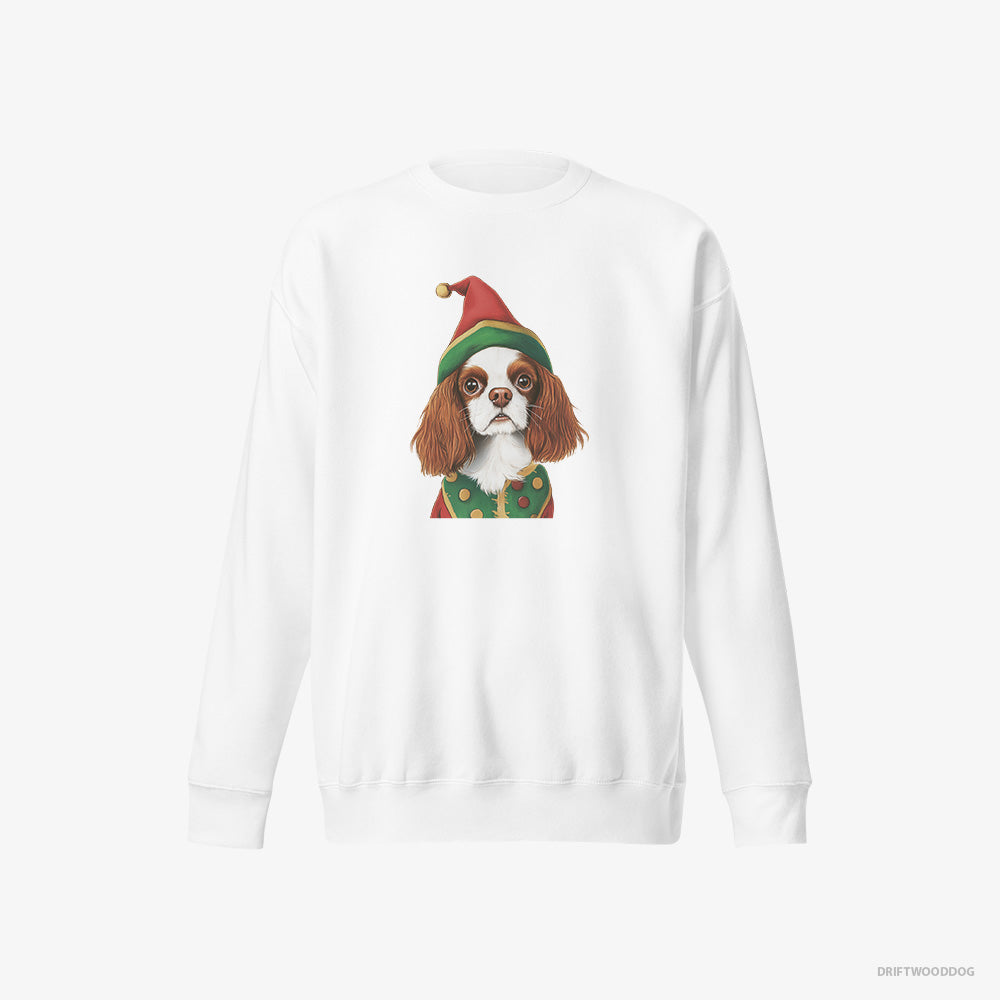 Cavalier King Charles Spaniel Sweatshirt – Men White Sweatshirt Eco-Friendly – as a Jolly Elf (on White Background)