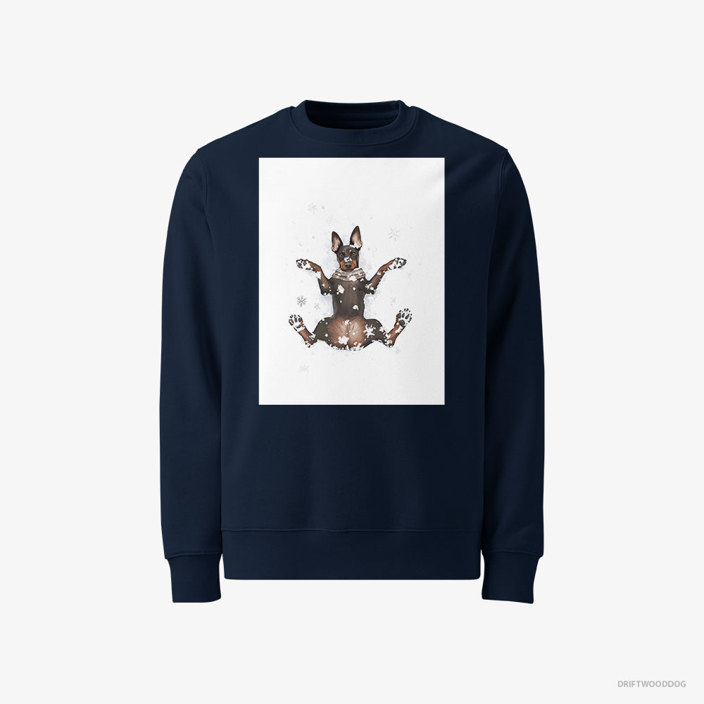 Dobermann Sweatshirt – Men Navy Sweatshirt Classic – Lying in the Snow (on White Background)