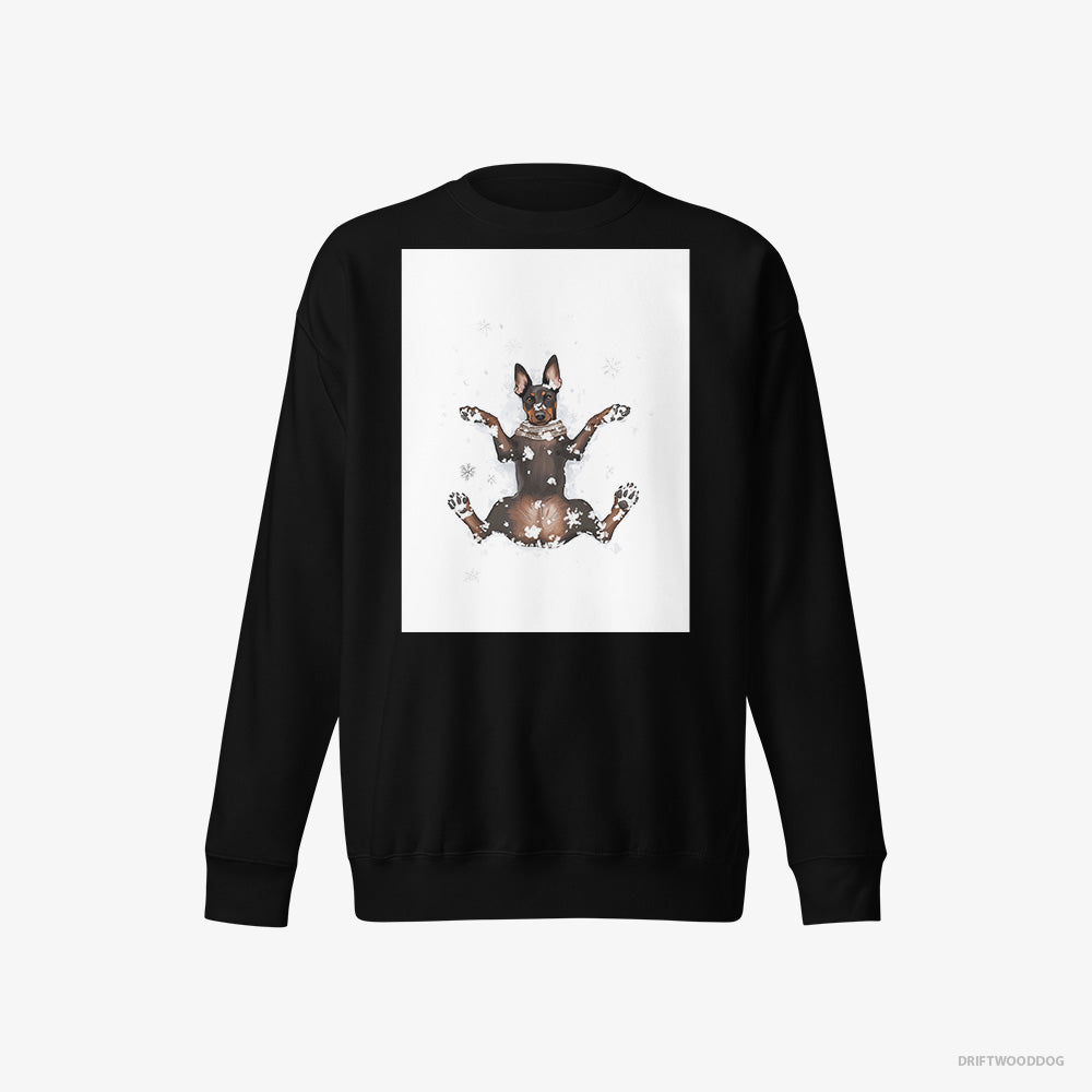 Dobermann Sweatshirt – Women Black Sweatshirt Eco-Friendly – Lying in the Snow (on White Background)