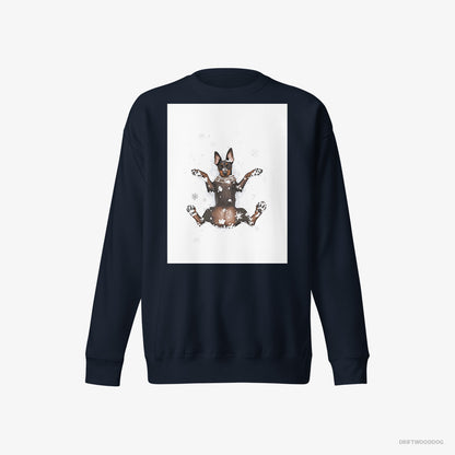 Dobermann Sweatshirt – Men Navy Sweatshirt Eco-Friendly – Lying in the Snow (on White Background)