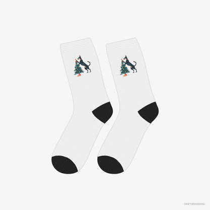 Dobermann Socks – Unisex White Socks Classic – Putting Ornaments on the Christmas Tree (on White Background)