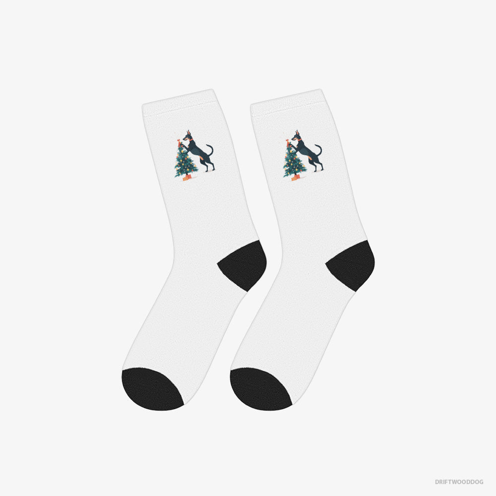 Dobermann Socks – Unisex White Socks Eco-Friendly – Putting Ornaments on the Christmas Tree (on White Background)