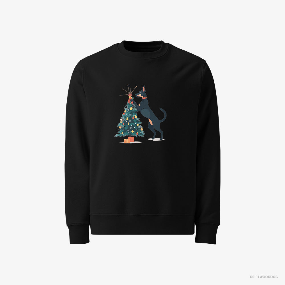 Dobermann Sweatshirt – Men Black Sweatshirt Classic – Putting Ornaments on the Christmas Tree (on White Background)