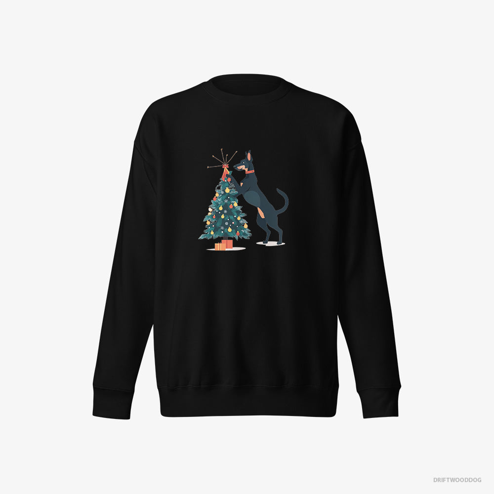 Dobermann Sweatshirt – Women Black Sweatshirt Eco-Friendly – Putting Ornaments on the Christmas Tree (on White Background)