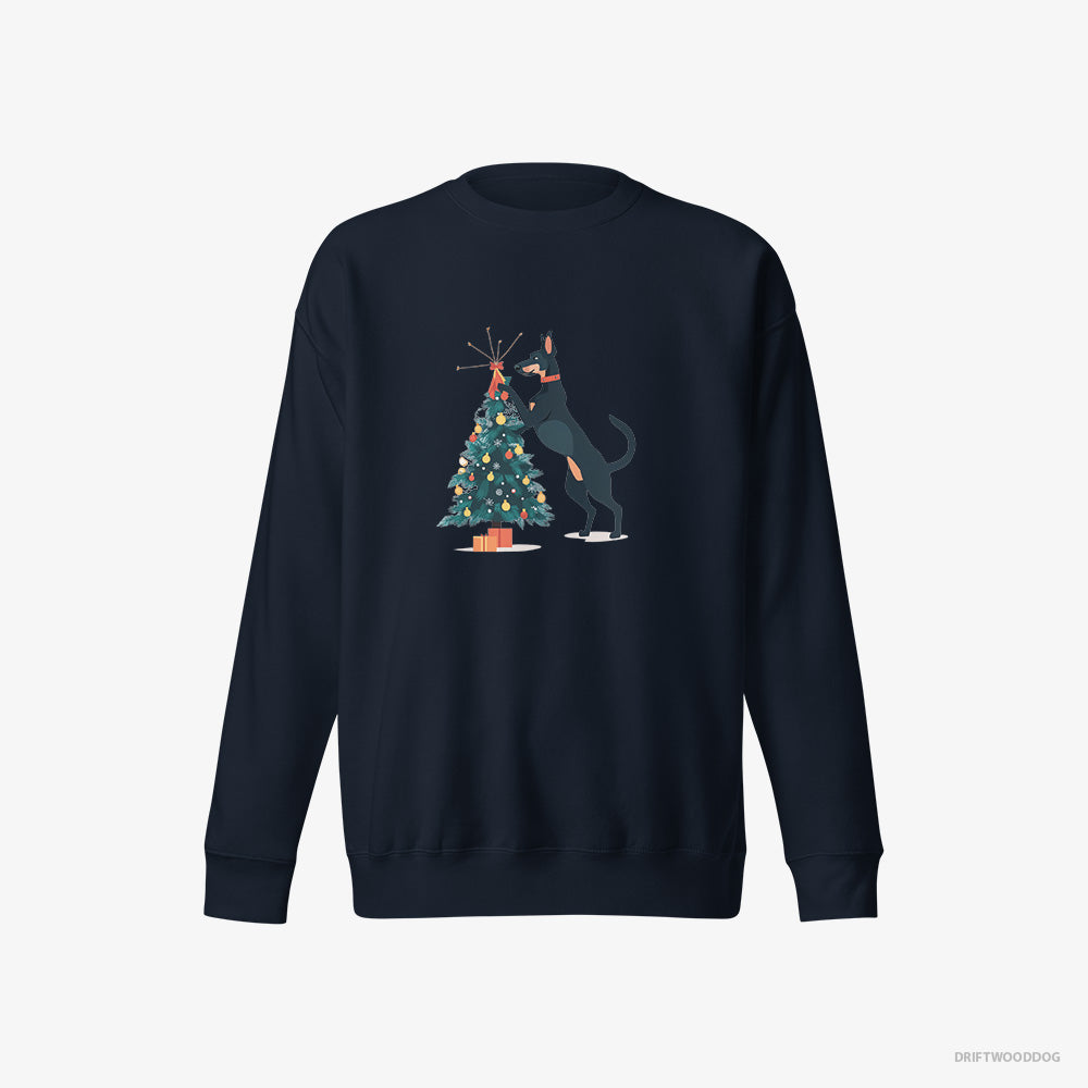 Dobermann Sweatshirt – Women Navy Sweatshirt Eco-Friendly – Putting Ornaments on the Christmas Tree (on White Background)