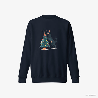 Dobermann Putting Ornaments on the Christmas Tree Navy Sweatshirt