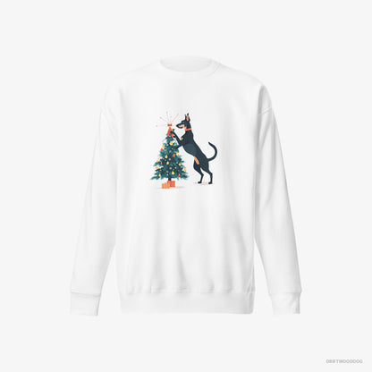 Dobermann Putting Ornaments on the Christmas Tree White Sweatshirt