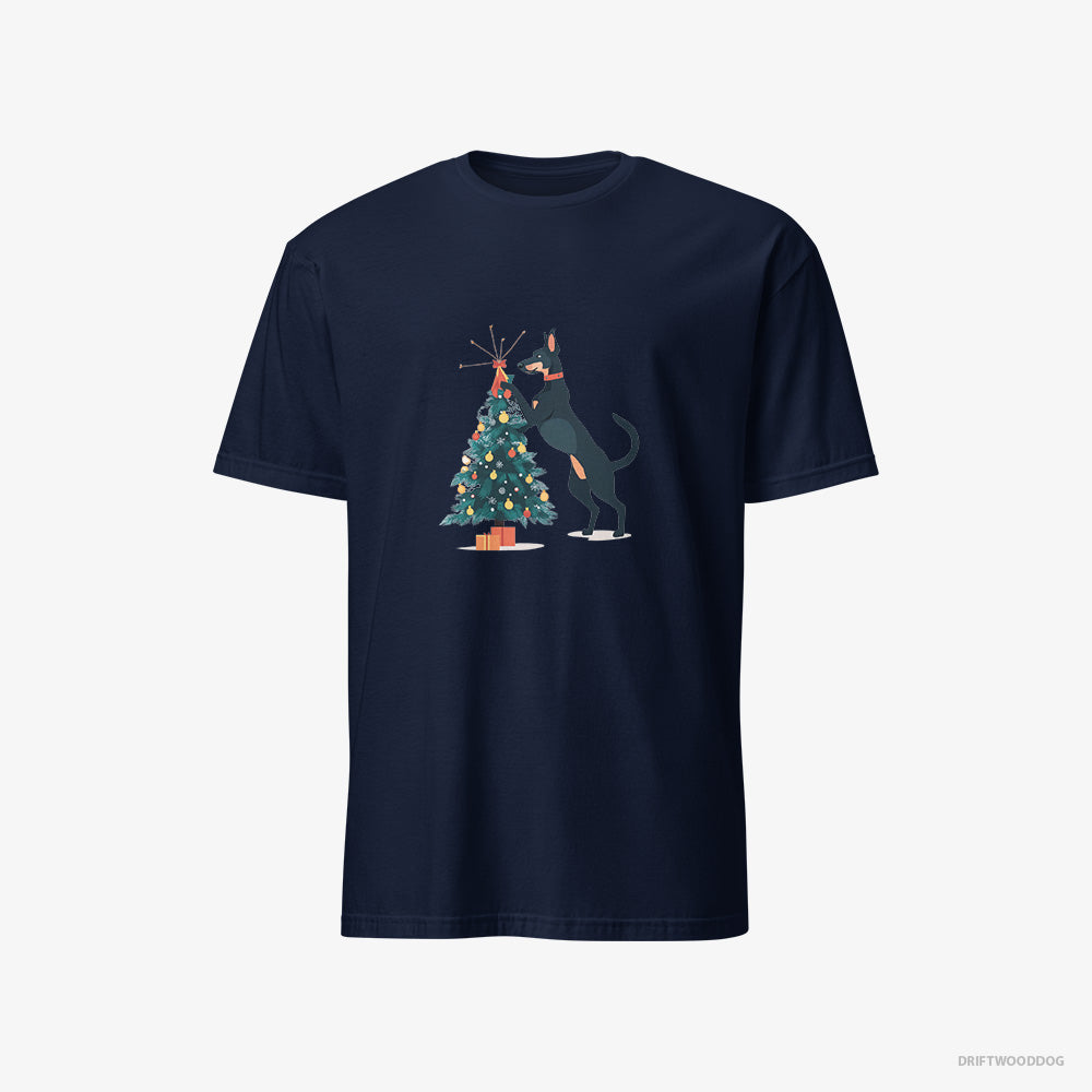 Dobermann Putting Ornaments on the Christmas Tree – Women's T-Shirt Navy – Classic