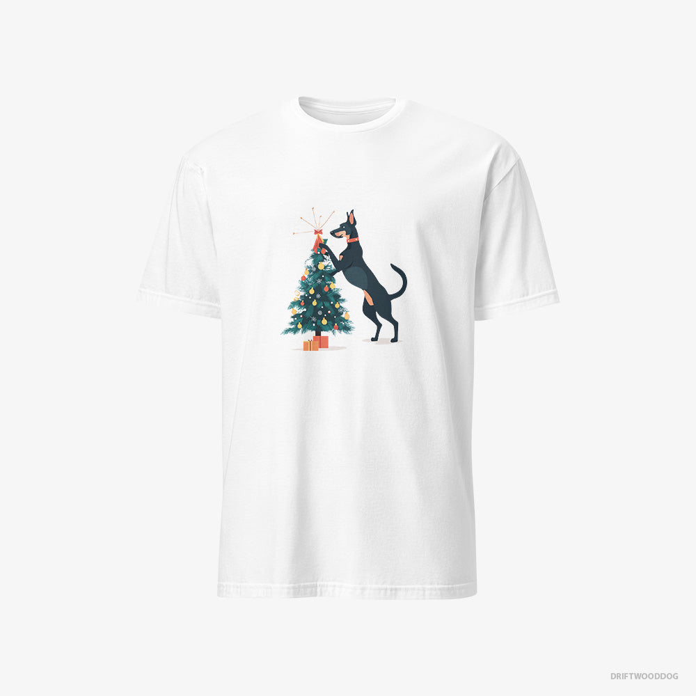 Dobermann T-Shirt – Men White T-Shirt Classic – Putting Ornaments on the Christmas Tree (on White Background)