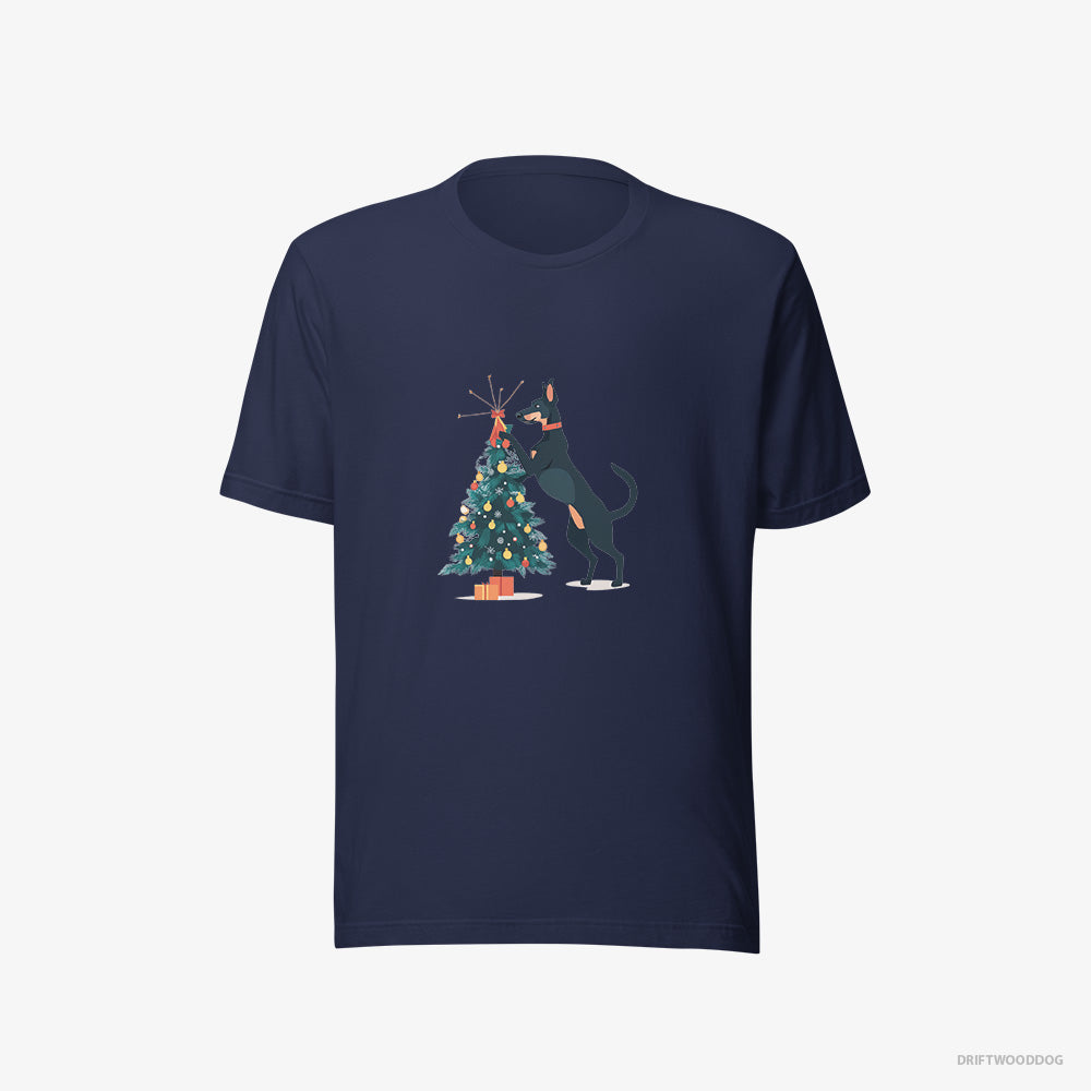 Dobermann T-Shirt – Men Navy T-Shirt Eco-Friendly – Putting Ornaments on the Christmas Tree (on White Background)