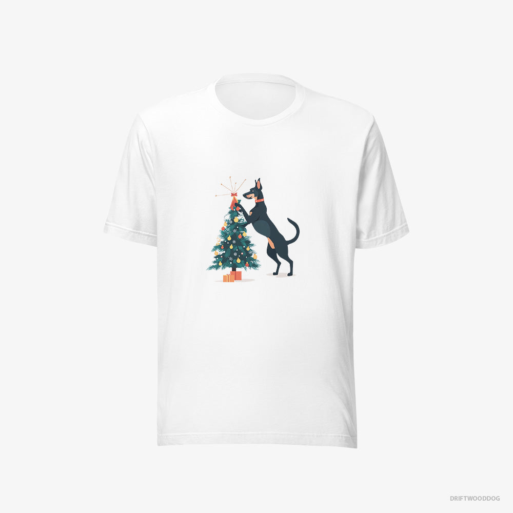 Dobermann T-Shirt – Men White T-Shirt Eco-Friendly – Putting Ornaments on the Christmas Tree (on White Background)