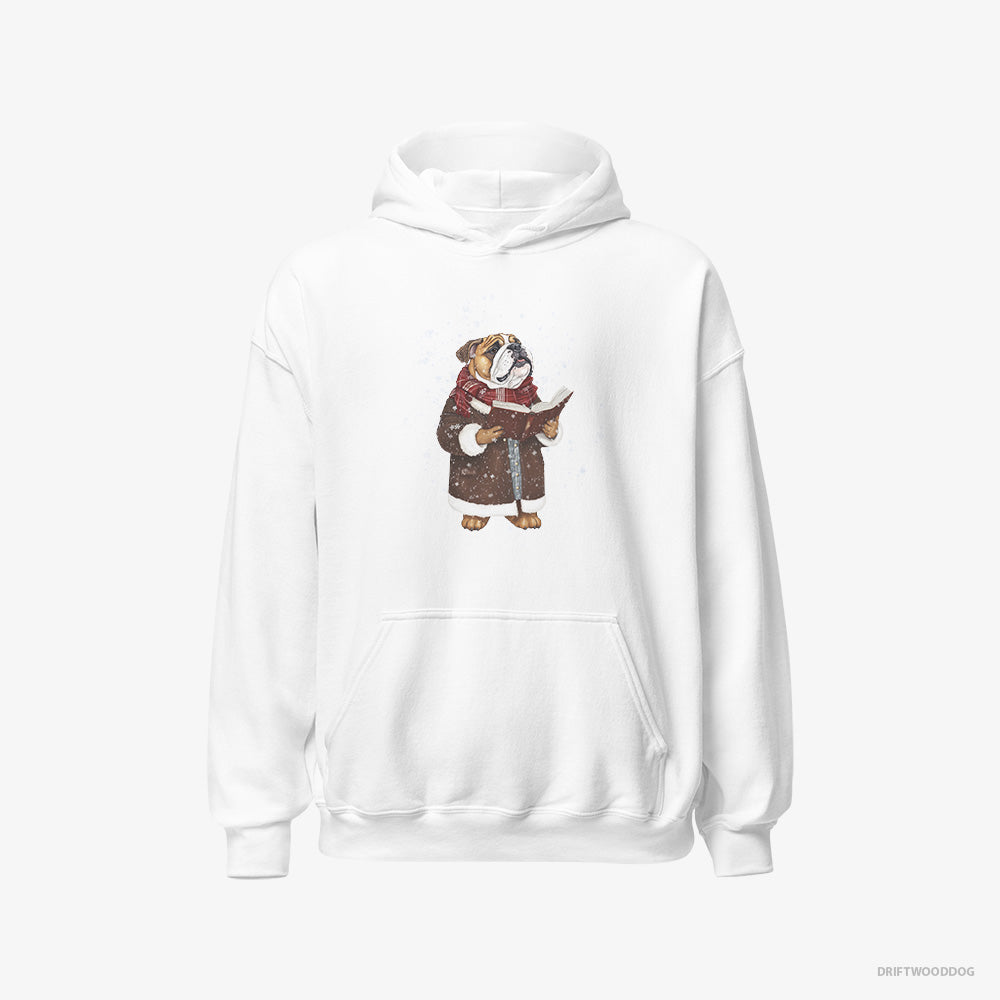 Bulldog Hoodie – Men White Hoodie Classic – Singing Festive Christmas Carols (on White Background)