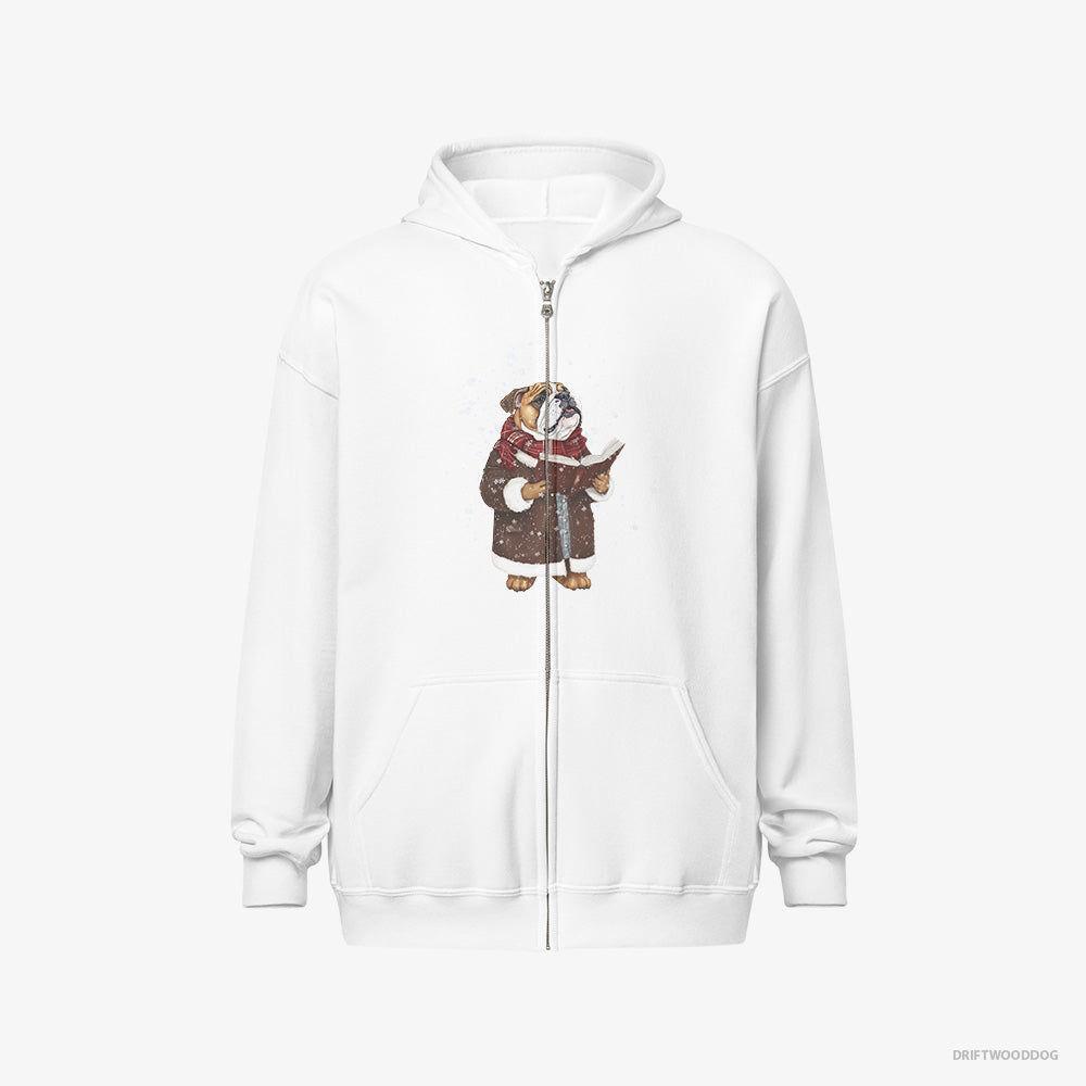 Bulldog Hoodie – Men White Hoodie Full-Zip – Singing Festive Christmas Carols (on White Background)