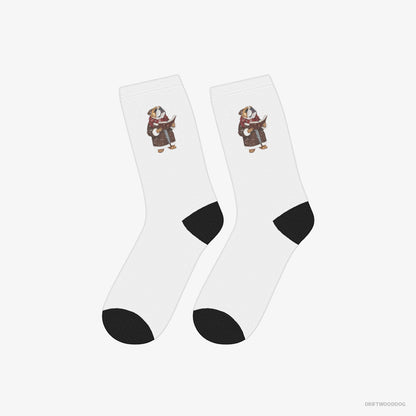 Bulldog Socks – Unisex White Socks Classic – Singing Festive Christmas Carols (on White Background)