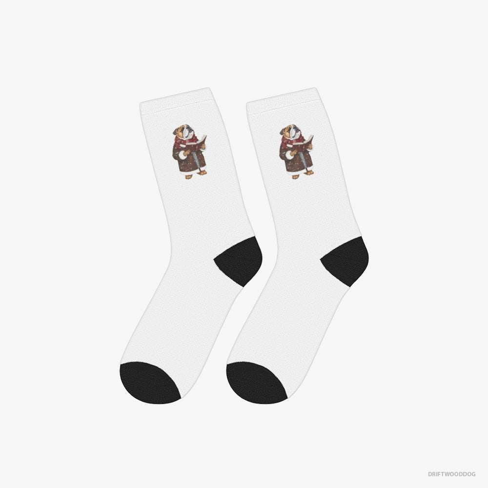 Bulldog Socks – Unisex White Socks Eco-Friendly – Singing Festive Christmas Carols (on White Background)