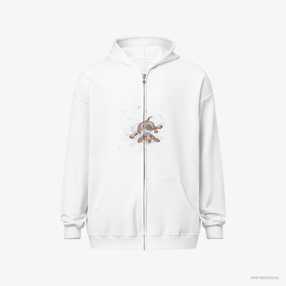 Dachshund Hoodie – Men White Hoodie Full-Zip – Rolling Around in the Snow (on White Background)