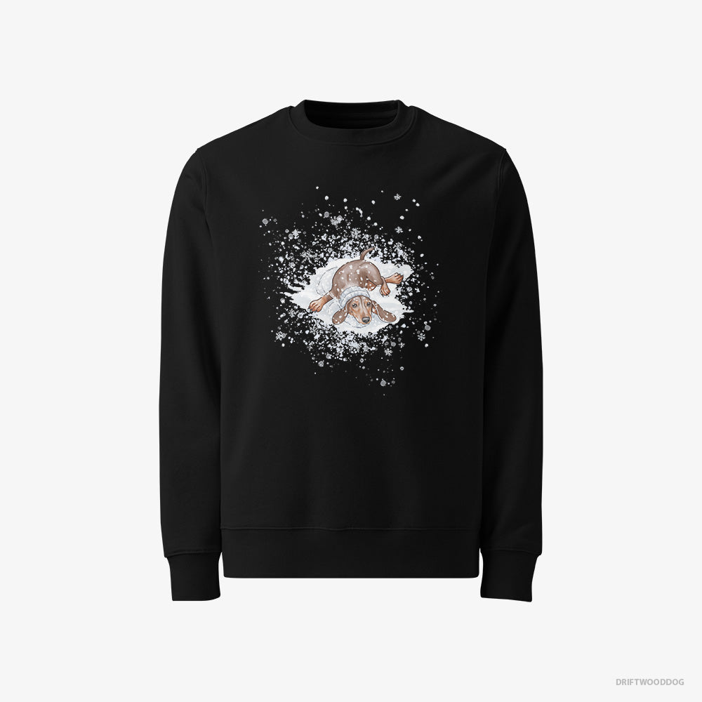 Dachshund Sweatshirt – Men Black Sweatshirt Classic – Rolling Around in the Snow (on White Background)