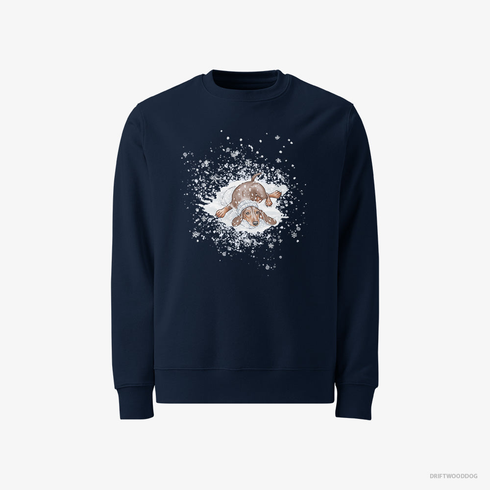 Dachshund Sweatshirt – Men Navy Sweatshirt Classic – Rolling Around in the Snow (on White Background)