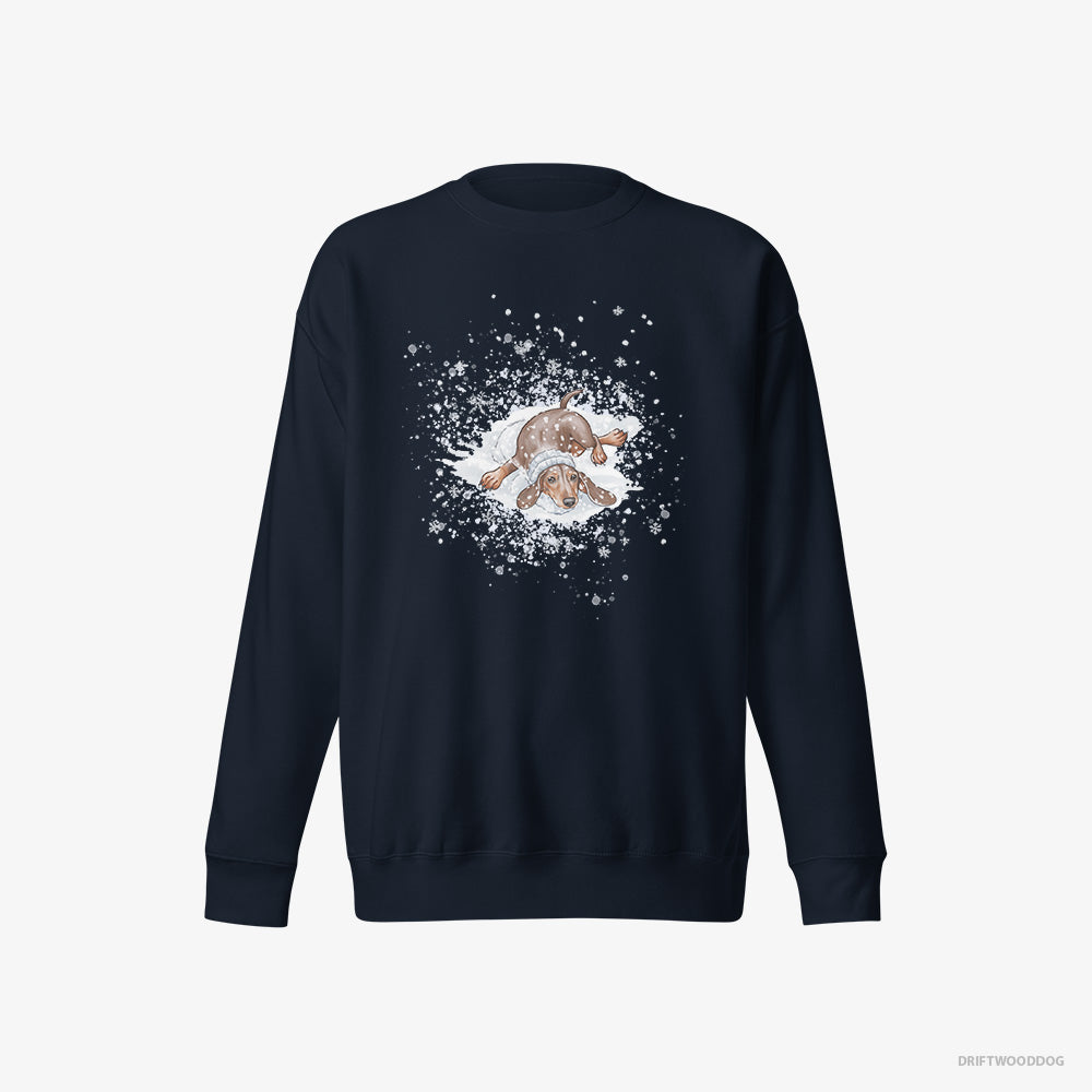 Dachshund Sweatshirt – Men Navy Sweatshirt Eco-Friendly – Rolling Around in the Snow (on White Background)