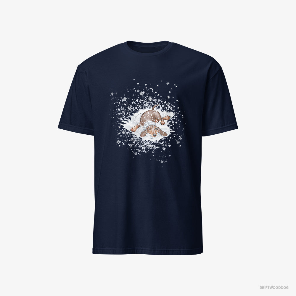 Dachshund T-Shirt – Women Navy T-Shirt Classic – Rolling Around in the Snow (on White Background)