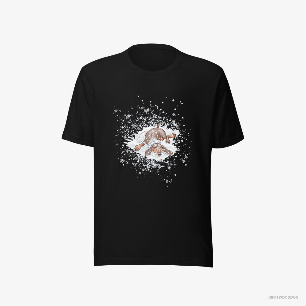 Dachshund T-Shirt – Men Black T-Shirt Eco-Friendly – Rolling Around in the Snow (on White Background)