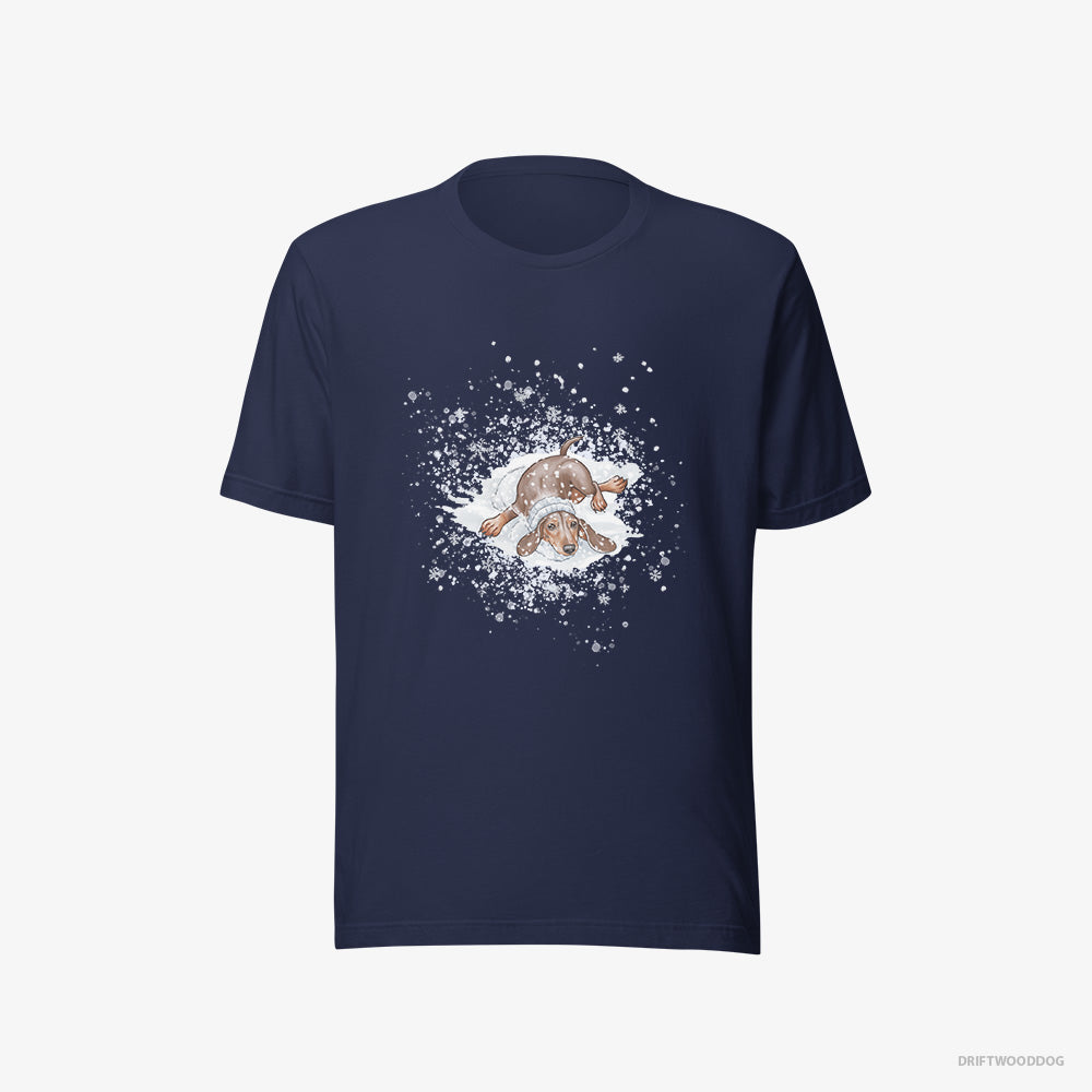 Dachshund T-Shirt – Women Navy T-Shirt Eco-Friendly – Rolling Around in the Snow (on White Background)