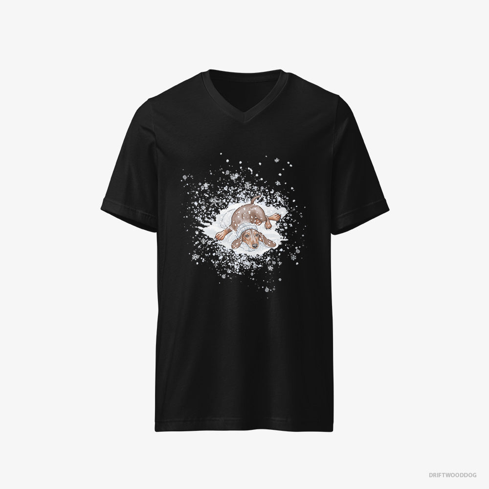 Dachshund T-Shirt – Men Black T-Shirt V-Neck – Rolling Around in the Snow (on White Background)