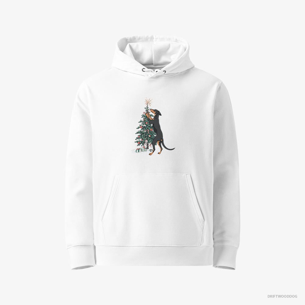 Dobermann Hoodie – Women White Hoodie Eco-Friendly – Hanging Decorations on the Christmas Tree (on White Background)